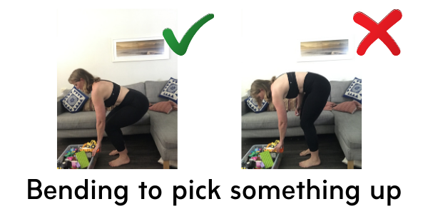Two images of a woman bending to pick something up